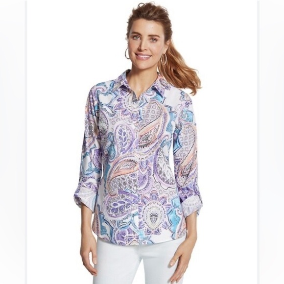 🦋 Chico’s Paisley Colorful Button Down Long Sleeve Blouse Size 1 US Medium 8 - Picture 1 of 9